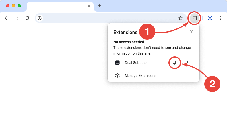 Pin Dual Subtitles in the Chrome extensions menu